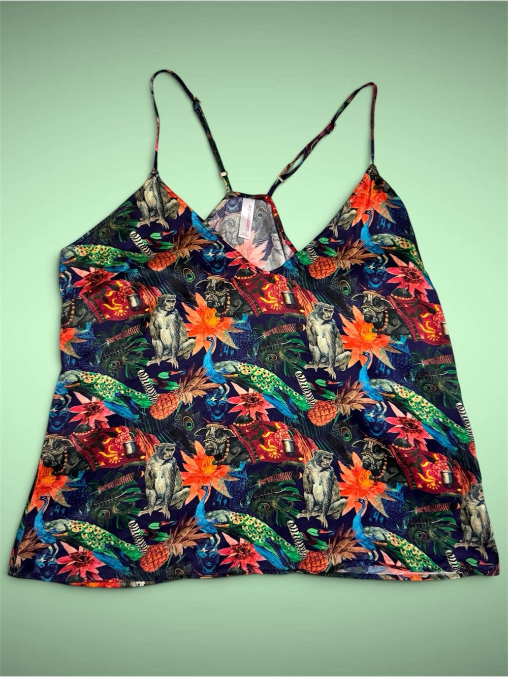 100% Silk Tropical Monkey Print V-Neck Cami Tank Top sz L